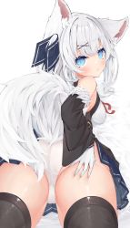 Rule 34 | 1girl, :&lt;, animal ear fluff, animal ears, ass, ass grab, blue eyes, blue skirt, blush, breasts, cameltoe, commentary, covered erect nipples, detached sleeves, fox ears, fox girl, fox tail, fur trim, gloves, grabbing own ass, hair ornament, highres, konagi (konotuki), long hair, looking at viewer, lying, medium breasts, on stomach, one side up, original, panties, pleated skirt, shirt, skirt, solo, tail, thighhighs, underwear, white background, white gloves, white hair, white panties, white shirt, wide sleeves, x hair ornament