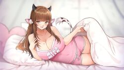 Rule 34 | 1girl, animal ear fluff, animal ears, bare shoulders, bed invitation, blanket, blurry, blurry background, blush, breasts, brown hair, cleavage, collarbone, cow ears, cow girl, cow horns, cow tail, curvy, ear ornament, highres, horns, indie virtual youtuber, jirafuru, kitsu the cow, large breasts, looking at viewer, lying, mega milk, meme attire, nose piercing, on bed, on side, open mouth, pajamas, piercing, pillow, shiny skin, smile, solo, tail, thick thighs, thighs