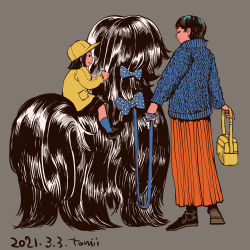Rule 34 | 2girls, absurdres, age difference, black footwear, black hair, blue bow, blue legwear, blue sweater, bow, brown background, dated, hat, height difference, highres, long sleeves, medium hair, multiple girls, original, polka dot, polka dot bow, procreate (medium), profile, red skirt, shirt, shoes, signature, simple background, skirt, socks, surreal, sweater, tomidoron, yellow bag, yellow headwear, yellow shirt