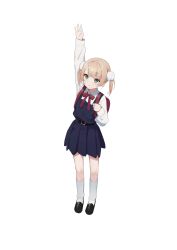 Rule 34 | 1girl, absurdres, aged down, arm up, backpack, bad link, bag, belt, blonde hair, bow, closed mouth, dress, green eyes, hair ornament, highres, indie virtual youtuber, long sleeves, pom pom (clothes), pom pom hair ornament, randoseru, red bow, ribbon, school uniform, shigure ui (vtuber), shigure ui (vtuber) (young), solo, syhan, virtual youtuber, white background