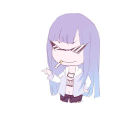 Rule 34 | 1girl, cigarette, hand on own hip, hyuuga hinata, littlebutsmall, long hair, naruto, naruto (series), navel, pointing, purple hair, shorts, simple background, smile, solo, sunglasses, white background