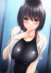 Rule 34 | 1girl, absurdres, black hair, black one-piece swimsuit, blush, breasts, brown eyes, chromatic aberration, collarbone, competition swimsuit, dress shirt, dripping, finger to mouth, hand up, highres, indoors, large breasts, looking at viewer, misaki rin, one-piece swimsuit, open clothes, open shirt, original, shiny clothes, shiny swimsuit, shirt, short sleeves, shushing, smile, solo, swimsuit, swimsuit under clothes, taut clothes, taut swimsuit, tile wall, tiles, upper body, wet, wet clothes, wet swimsuit, white shirt