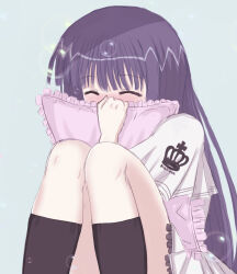 Rule 34 | 1girl, ^ ^, aqua background, black hair, black socks, blunt bangs, blush, capelet, closed eyes, commentary, covered mouth, crown print, feet out of frame, frilled pillow, frilled skirt, frills, happy, highres, holding, holding pillow, hugging object, kneehighs, knees up, long hair, lovestruck, mahigu re, nose blush, pillow, pillow hug, pink pillow, school uniform, simple background, sitting, sketch, skirt, soap bubbles, socks, solo, straight hair, subarashiki hibi, takashima zakuro, very long hair, white capelet, white skirt