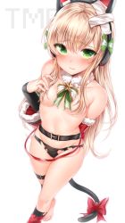 Rule 34 | 1girl, absurdres, animal ears, arm warmers, bare legs, barefoot, belt, black belt, black panties, blonde hair, blush, bow, breasts, cat ears, cat tail, character name, closed mouth, detached sleeves, fake animal ears, feet, fur collar, girls&#039; frontline, green bow, green eyes, hair between eyes, hair bow, hair censor, hair over breasts, headphones, highres, long hair, looking at viewer, nail polish, panties, red bow, simple background, small breasts, solo, standing, star (symbol), tail, tail bow, tail ornament, thigh strap, tmp (girls&#039; frontline), topless, torn clothes, torn legwear, torn panties, underwear, white background, white nails, zerocat