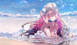 Rule 34 | 1girl, absurdres, azur lane, bare arms, bare shoulders, bikini, blue bikini, braid, braided bun, breasts, bright pupils, bubble, bubble gun, chinese commentary, cleavage, closed mouth, commentary request, criss-cross straps, day, double bun, eyelashes, feather shawl, formidable (azur lane), formidable (the lady of the beach) (azur lane), full body, geyegua, grey hair, gun, hair bun, highres, holding, holding gun, holding weapon, kneeling, large breasts, light blush, long hair, multiple braids, navel, o-ring, o-ring bikini, ocean, official alternate costume, outdoors, pink shawl, red eyes, reflection, reflective water, shawl, shore, single thighhigh, smile, solo, stomach, swimsuit, thighhighs, very long hair, weapon, weibo watermark, white pupils, white thighhighs