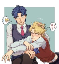 Rule 34 | 2boys, black pants, blonde hair, blue eyes, blue hair, blue vest, blush, brown pants, closed mouth, dio brando, hand on another&#039;s head, headpat, highres, honlo, jojo no kimyou na bouken, jonathan joestar, looking at another, looking away, male focus, multiple boys, navel, necktie, orange eyes, pants, phantom blood, red vest, shirt, short hair, sitting, smile, thought bubble, vest, white shirt