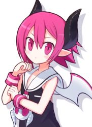Rule 34 | 1girl, :/, black horns, closed mouth, demon girl, demon horns, demon wings, disgaea, flat chest, hair between eyes, hand up, horns, looking at viewer, makai senki disgaea, makai senki disgaea 3, mini wings, no nose, pink eyes, pink hair, pointy ears, raspberyl, sailor collar, short hair, silhouette, simple background, sleeveless, solo, suta (clusta), v-shaped eyebrows, white background, white sailor collar, wings