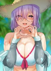 Rule 34 | 1girl, bare shoulders, bikini, black-framed eyewear, blurry, blush, breasts, brown eyes, depth of field, eyes visible through hair, fate/grand order, fate (series), front-tie bikini top, front-tie top, glasses, hair between eyes, hair over one eye, hat, heart, heart hands, highres, large breasts, looking at viewer, mash kyrielight, midriff, off shoulder, official alternate costume, open mouth, purple hair, short hair, smile, solo, straw hat, swimsuit, upper body, yuzuha (yuzuya)