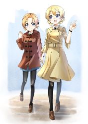 Rule 34 | 10s, black bow, black legwear, black neckwear, blonde hair, blue eyes, blue skirt, bow, bracelet, braid, brown coat, brown footwear, closed mouth, coat, commentary, couple, darjeeling (girls und panzer), dress shirt, full body, girls und panzer, hair bow, highres, holding hands, jewelry, loafers, long sleeves, looking at another, looking back, miniskirt, necktie, open mouth, orange hair, orange pekoe (girls und panzer), pantyhose, parted bangs, pleated skirt, pointing, pointing up, school uniform, shirt, shoes, short hair, skirt, smile, st. gloriana&#039;s school uniform, standing, standing on one leg, toon (noin), trench coat, twin braids, walking, white shirt, wing collar, winter clothes, yuri