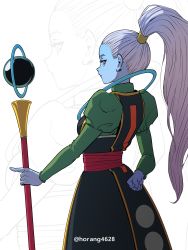 Rule 34 | 1girl, absurdres, arm behind back, blue skin, colored skin, dragon ball, dragon ball super, dress, from behind, highres, holding, holding staff, horang4628, long hair, long sleeves, looking back, ponytail, puffy sleeves, purple eyes, red sash, sash, solo, staff, twitter username, vados (dragon ball), white hair