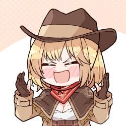 Rule 34 | 1girl, adapted costume, black gloves, blonde hair, breasts, brown coat, brown headwear, cleavage, closed eyes, closed mouth, coat, cowboy hat, cowgirl (western), gloves, hat, highres, hololive, hololive english, kukie-nyan, medium breasts, medium hair, mole, mole on breast, open mouth, partially fingerless gloves, virtual youtuber, watson amelia, watson amelia (1st costume)