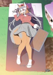 Rule 34 | 1boy, 1girl, :/, alternate breast size, animal, animal ears, bed, belt, breasts, closed mouth, crossover, dated, day, extra ears, fox ears, fox girl, fox tail, from above, full body, fur-trimmed sleeves, fur trim, gloves, grey gloves, grey hair, grey pantyhose, grey skirt, hair between eyes, hand rest, hand up, hat, headset, highres, huge breasts, impossible clothes, impossible jacket, island fox (kemono friends), jacket, kemono friends, kemono friends v project, knees together feet apart, long hair, long sleeves, looking at another, looking to the side, lying, minecraft, miniskirt, multicolored hair, necktie, on back, on bed, orange eyes, orange hair, orange pantyhose, outdoors, pantyhose, parted bangs, red jacket, sheep, sheep (minecraft), shield, shoes, sidelocks, signature, skirt, solo focus, tail, twintails, two-tone legwear, very long hair, virtual youtuber, white hair, yoshida hideyuki