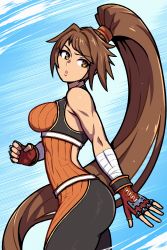 Rule 34 | 1girl, akairiot, ass, backless outfit, bandages, breasts, brown hair, dnf duel, dungeon and fighter, fighter (dungeon and fighter), gloves, high ponytail, highres, large breasts, long hair, muscular, muscular female, open mouth, parted lips, solo, spiked hair, striker (dungeon and fighter), thighs, toned, very long hair, yellow eyes