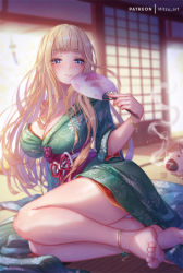 Rule 34 | 1girl, anklet, barefoot, blonde hair, blue eyes, blush, bracelet, breasts, character request, cleavage, closed mouth, commission, copyright request, green kimono, hand fan, japanese clothes, jewelry, kimono, large breasts, long hair, mitsu (mitsu art), obi, sash, shouji, sitting, sliding doors, smile, smoke, thick eyebrows, thighs, toes