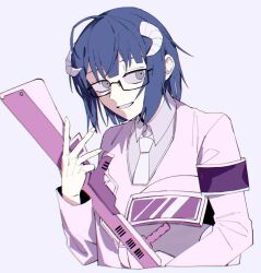 Rule 34 | 1boy, armband, blue hair, collared shirt, commentary request, employee (project moon), glasses, grey background, grey eyes, grin, gun, helmet, highres, holding, holding gun, holding helmet, holding weapon, horns, jacket, lobotomy corporation, long sleeves, male focus, necktie, non tarou, pink jacket, project moon, purple armband, rectangular eyewear, shirt, short hair, simple background, smile, solo, weapon, white necktie, white shirt