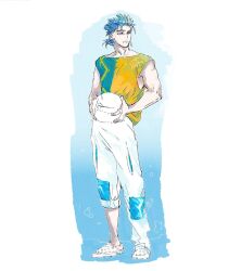 Rule 34 | 1boy, ball, blue hair, blue shirt, cu chulainn (fate), earrings, fate/grand order, fate (series), full body, holding, holding ball, jewelry, long hair, looking to the side, male focus, pants, red eyes, ring, sbdugite, shirt, short sleeves, solo, two-tone shirt, volleyball (object), white pants, yellow shirt