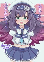 Rule 34 | 1girl, absurdres, black hair, blue neckerchief, blue sailor collar, blue skirt, character name, commentary request, cowboy shot, gloves, gradient hair, green eyes, hat, highres, kantai collection, kitahama (siroimakeinu831), long hair, long sleeves, looking at viewer, matsuwa (kancolle), multicolored hair, navel, neckerchief, one-hour drawing challenge, pleated skirt, purple hair, sailor collar, sailor hat, school uniform, serafuku, skirt, solo, translation request, twitter username, white background, white gloves, white hat