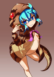 Rule 34 | 10s, a-tuy, blue eyes, blue hair, bottomless, breasts, grin, highres, hood, hoodie, kemono friends, naked hoodie, open clothes, small breasts, smile, tail, tsuchinoko (kemono friends)
