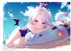 Rule 34 | 1girl, absurdres, ahoge, bare arms, bare shoulders, blue archive, blue one-piece swimsuit, blue sky, blush, closed mouth, cloud, cloudy sky, day, gradient sky, hair ornament, hairclip, highres, hina (blue archive), horns, innertube, long hair, low wings, lying, mini wings, nijihashi sora, one-piece swimsuit, outdoors, page number, purple eyes, scan, shore, simple background, sky, solo, starfish, swim ring, swimsuit, thighs, water, water drop, white hair, wings