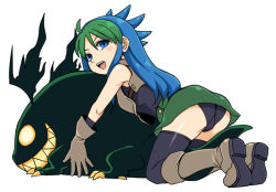 Rule 34 | 1girl, adk, ahoge, armor, ass, bad id, bad pixiv id, black thighhighs, blue eyes, blue hair, blush, boots, elbow gloves, from behind, full body, gloves, green hair, grin, hug, kneeling, leotard, long hair, looking back, matching hair/eyes, monster, multicolored hair, open mouth, really till, simple background, skirt, smile, snk, solo, spiked hair, stupa13a, thighhighs, twinkle star sprites, two-tone hair, upskirt, white background