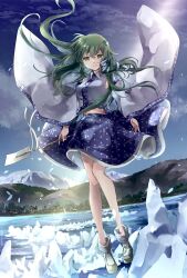 Rule 34 | 1girl, blue skirt, closed mouth, commentary request, detached sleeves, frog hair ornament, gohei, green eyes, green hair, hair ornament, hair tubes, highres, holding, holding gohei, kochiya sanae, long hair, looking at viewer, nanop38, outdoors, single hair tube, skirt, smile, snake hair ornament, solo, touhou, water