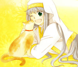 Rule 34 | bad id, bad pixiv id, cape, cat, green eyes, habit, index (toaru majutsu no index), long hair, open mouth, robe, safety pin, sani (nmk sunny), silver hair, smile, solo, sphinx (toaru majutsu no index), toaru majutsu no index