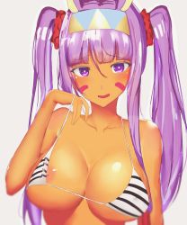 Rule 34 | 112san, bad id, bad pixiv id, bikini, breasts, dark-skinned female, dark skin, facepaint, fate/grand order, fate (series), hair between eyes, hairband, large breasts, long hair, low-tied long hair, nipple slip, nipples, nitocris (fate), open mouth, purple eyes, red scrunchie, scrunchie, smile, solo, strap lift, striped bikini, striped clothes, swimsuit, tan, twintails, upper body, very long hair