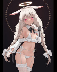 Rule 34 | 1girl, animal ears, bare shoulders, bikini, black background, black bow, bow, braid, breasts, commentary request, garter belt, gloves, grey hair, groin, half gloves, hand up, lace, lace gloves, long hair, long sleeves, looking at viewer, low twintails, medium breasts, navel, original, parted lips, pillarboxed, puffy long sleeves, puffy sleeves, rabbit ears, solo, swimsuit, thighhighs, twin braids, twintails, usagimiko, very long hair, white bikini, white gloves, white thighhighs