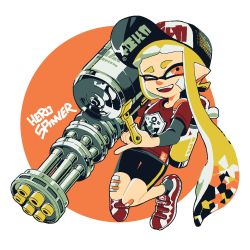 Rule 34 | 1girl, anchor symbol, bandage on face, bandages, bandaid, bandaid on knee, bandaid on leg, baseball cap, bike shorts, black hat, black shorts, black socks, blonde hair, blunt bangs, clothes writing, commentary, english text, hat, hero splatling (splatoon), highres, holding, holding weapon, inkling, inkling (language), inkling girl, inkling player character, katsu noha, layered sleeves, long hair, long sleeves, looking at viewer, nintendo, one eye closed, open mouth, pointy ears, red eyes, red footwear, red shirt, shirt, shoes, short over long sleeves, short sleeves, shorts, single vertical stripe, smile, sneakers, socks, solo, splatoon (series), splatoon 2, standing, t-shirt, tentacle hair, weapon