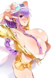 Rule 34 | 1girl, areola slip, arms up, bb (fate), bb (fate) (all), bb (swimsuit mooncancer) (fate), braid, braided ponytail, breasts, bursting breasts, cleavage, covered erect nipples, fate (series), furau, hat, highres, huge breasts, looking at viewer, smile, solo, squatting, tongue, v