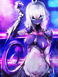 Rule 34 | 1girl, bad id, bad pixiv id, blue eyes, breasts, claws, colored skin, eyes visible through hair, female focus, hair between eyes, highres, khanivore (love death + robots), long hair, looking at viewer, love death + robots, monster girl, my700, navel, personification, purple skin, purple theme, sharp teeth, solo, tail, teeth, white hair