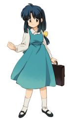 Rule 34 | 1girl, blouse, blue hair, briefcase, brown eyes, clenched hand, closed mouth, collared shirt, dress, full body, long hair, looking at viewer, nemurism, ranma 1/2, school briefcase, shirt, simple background, socks, solo, tendou akane, white background, white shirt, white socks