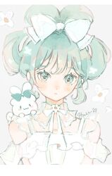 Rule 34 | 1girl, :3, animal, animal on shoulder, aqua eyes, aqua hair, bare shoulders, blue bow, blue eyes, blush stickers, bow, bowtie, cinnamiku, cinnamoroll, closed mouth, collar, colored eyelashes, commentary request, detached collar, floral background, flower, flower brooch, frilled bow, frilled shirt, frills, grey background, hair bow, hatsune miku, hau (hausan97), highres, letterboxed, light blush, looking at viewer, parted lips, sanrio, see-through, see-through sleeves, shirt, short hair, short sleeves, signature, simple background, smile, solid oval eyes, solo, updo, upper body, vocaloid, white bow, white bowtie, white collar, white flower, white shirt, white sleeves