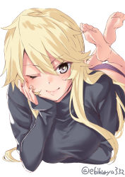 Rule 34 | 1girl, alternate costume, ass, bare legs, barefoot, black shirt, blonde hair, blue eyes, breasts, ebifurya, elbow rest, hair between eyes, highres, iowa (kancolle), kantai collection, large breasts, lips, long sleeves, lying, messy hair, on stomach, one eye closed, panties, pink panties, shirt, soles, solo, star-shaped pupils, star (symbol), symbol-shaped pupils, the pose, turtleneck, twitter username, underwear, white background
