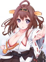 Rule 34 | 10s, 1girl, ahoge, breasts, brown hair, cleavage, detached sleeves, headgear, japanese clothes, kantai collection, kongou (kancolle), large breasts, long hair, outstretched hand, purple eyes, ribbon-trimmed sleeves, ribbon trim, ru-ji, ruuji (luigi), skirt, solo, wide sleeves
