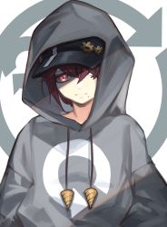 Rule 34 | 1girl, airi (sanzennenn), black headwear, closed mouth, drill, expressionless, gear hat ornament, gears, grey hoodie, hair between eyes, hair over one eye, highres, hood, hood up, hoodie, indie virtual youtuber, kaiten-tsuzuri, looking at viewer, mole, mole under mouth, red eyes, red hair, short hair, solo, upper body, virtual youtuber, white background