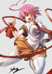 Rule 34 | 1girl, ahoge, aino heart, arcana heart, blush, breasts, brown eyes, heart, heart ahoge, highres, large breasts, legs, necktie, open mouth, panties, pantyshot, pink hair, ribbon, school uniform, short hair, skirt, smile, solo, thick thighs, thighs, underwear