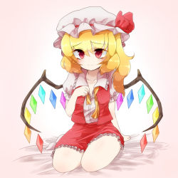 Rule 34 | 1girl, ascot, asymmetrical hair, bad id, bad pixiv id, blonde hair, female focus, flandre scarlet, hat, hat ribbon, nan, open clothes, red eyes, ribbon, short hair, side ponytail, skirt, skirt set, solo, touhou, undone, undone ascot, wings