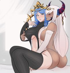 Rule 34 | 2girls, absurdres, after kiss, areola slip, ass, asymmetrical horns, bare shoulders, black panties, black sweater, black thighhighs, blue eyes, blue hair, blush, breasts, cameltoe, circlet, cleavage, commission, commissioner upload, crown, dark-skinned female, dark skin, detached sleeves, dragon girl, female focus, fire emblem, fire emblem engage, grabbing, grabbing another&#039;s breast, hair ornament, hair over one eye, highres, holding, horns, ihsnet, jewelry, large breasts, long hair, lumera (fire emblem), matching hair/eyes, mature female, meme attire, multiple girls, navel, nintendo, non-web source, open mouth, panties, pointy ears, purple eyes, purple ribbon, revealing clothes, ribbon, saliva, saliva trail, sideboob, smile, sweat, sweater, tan, tassel, tassel hair ornament, thighhighs, thighs, thong, tiara, turtleneck, underboob, underwear, uneven horns, very long hair, virgin destroyer sweater, white panties, white sweater, white thighhighs, yuri, zephia (fire emblem)
