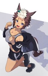 Rule 34 | 1girl, absurdres, animal ears, bare shoulders, black footwear, black jacket, black shorts, breasts, brown hair, cleavage, clenched hands, commentary request, ear ornament, ear piercing, grey sports bra, highres, horse ears, horse girl, horse tail, jacket, medium breasts, mejiro ryan (umamusume), midriff, multicolored hair, nishiki kazue, open mouth, piercing, purple eyes, shadow, shoes, short hair, shorts, simple background, smile, sneakers, solo, sports bra, streaked hair, tail, teeth, track jacket, umamusume, upper teeth only, white background, white hair