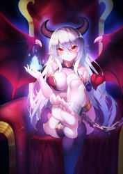 Rule 34 | &gt;:), 1girl, ankle cuffs, barefoot, black thighhighs, blue fire, breast hold, breasts, chain, crossed legs, demon girl, demon horns, demon tail, demon wings, fang, fang out, feet, fire, foot focus, glowing, halterneck, horns, large breasts, long hair, miniskirt, niccya, original, red eyes, revealing clothes, single thighhigh, skirt, slit pupils, smile, soles, solo, tail, thighhighs, thighlet, throne, v-shaped eyebrows, very long hair, white hair, wings