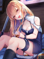 Rule 34 | 1girl, alcohol, bare shoulders, between legs, blonde hair, blue dress, bottle, bracelet, breasts, brooch, capelet, cleavage, cup, dress, drinking glass, earrings, glass bottle, halterneck, highres, holding, holding cup, jewelry, long hair, looking at viewer, medium breasts, mizuiro raika, multicolored hair, o-ring, o-ring top, open mouth, original, purple hair, red eyes, short dress, sitting, solo, sword, thigh strap, two-tone hair, weapon