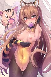 Rule 34 | 1girl, aisaka taiga, animal ears, bare shoulders, black gloves, blush, bow, bowtie, breasts, breasts out, brown eyes, brown hair, brown pantyhose, condom, condom in mouth, condom wrapper, covered navel, creature, detached collar, fangs, gloves, highres, kazukoto, kemonomimi mode, leotard, leotard pull, long hair, looking at viewer, mouth hold, palmtop tiger, pantyhose, small breasts, solo, tail, thigh gap, tiger ears, tiger girl, tiger tail, toradora!, v-shaped eyebrows, very long hair, yellow bow, yellow bowtie, yellow leotard, zoom layer