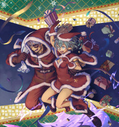 Rule 34 | 1boy, 1girl, :d, belt, blue eyes, boots, chest jewel, christmas, christmas ornaments, cleavage cutout, clothing cutout, confetti, dress, eyepatch, full body, gift, glasses, gloves, green eyes, green hair, grey hair, hat, highres, holding, holding sack, jacket, long sleeves, natto soup, open mouth, pandoria (xenoblade), pants, pointy ears, red dress, red footwear, red gloves, red jacket, red pants, sack, santa costume, santa hat, short hair, short sleeves, smile, xenoblade chronicles (series), xenoblade chronicles 2, zeke von genbu (xenoblade)