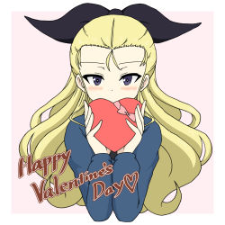 Rule 34 | 1girl, assam (girls und panzer), black ribbon, blonde hair, blue eyes, blue sweater, blush, border, commentary, covering own mouth, cropped torso, emblem, english text, gift, girls und panzer, hair pulled back, hair ribbon, happy valentine, heart, highres, holding, holding gift, ichinose jun, long hair, long sleeves, looking at viewer, outside border, pink background, ribbon, school uniform, solo, st. gloriana&#039;s school uniform, sweater, upper body, v-neck, valentine, white border