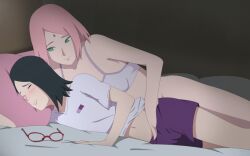 Rule 34 | 2girls, age difference, bed, bed sheet, blush, boruto: naruto next generations, bottomless, closed eyes, facial mark, feet out of frame, fingering, fingering from behind, forehead mark, glasses, glasses removed, hand under clothes, haruno sakura, incest, looking at another, lying, mother and daughter, multiple girls, naruto (series), on bed, on side, optimystic, pillow, pink hair, purple shorts, red-framed eyewear, shirt, short hair, short sleeves, shorts, thighs, uchiha sarada, unworn eyewear, white shirt, yuri