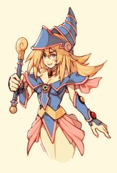 Rule 34 | 1girl, bare shoulders, blonde hair, blue hat, blush stickers, breasts, choker, cleavage, cropped legs, dark magician girl, duel monster, green eyes, hair between eyes, hat, highres, holding, holding wand, large breasts, long hair, looking at viewer, open mouth, oxcoxa, pentacle, showgirl skirt, smile, solo, wand, wizard hat, yu-gi-oh!