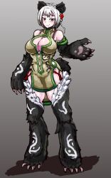 Rule 34 | 1girl, animal ears, animal hands, bear ears, bear girl, bear paws, bear tail, blush, breasts, chinese clothes, claws, clothing cutout, commentary request, full body, fur trim, green eyes, hair ornament, highres, large breasts, monster girl, monster girl encyclopedia, navel, navel cutout, panda girl, ren xiongmao, short hair, simple background, smile, solo, standing, tail, udetamago, white hair