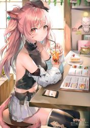 Rule 34 | 1girl, absurdres, animal ears, backlighting, bare shoulders, black hat, black shirt, black thighhighs, blouse, blurry, blush, book, breasts, cake, cake slice, cat ears, cat girl, cat tail, cellphone, chair, closed mouth, collarbone, crop top, cup, day, depth of field, detached sleeves, drinking glass, drinking straw, earrings, facial mark, final fantasy, final fantasy xiv, food, hat, highres, holding, holding cup, indoors, jar, jewelry, leaf, long hair, looking at viewer, medium breasts, midriff, mini hat, miniskirt, miqo&#039;te, momoko (momopoco), moogle, nail polish, open book, orange eyes, phone, pink hair, pink nails, plate, pleated skirt, scan, shirt, skirt, smartphone, solo, sticky note, stool, table, tail, thighhighs, twintails, warrior of light (ff14), white skirt, window, zettai ryouiki
