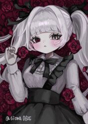 Rule 34 | 1girl, bed of roses, black ribbon, black skirt, blunt bangs, blush, breasts, commission, flower, hair intakes, hair ribbon, hand up, heterochromia, highres, long hair, long sleeves, looking at viewer, lying, medium breasts, neck ribbon, on back, original, parted lips, pink eyes, red eyes, red flower, red rose, ribbon, rose, sample watermark, shiona (siona0625), shirt, skirt, solo, suspender skirt, suspenders, twintails, twitter username, upper body, watermark, white hair, white shirt